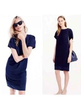 J Crew navy blue pleated Chiffon crew Dress exposed zipper back sheath  Sz 4